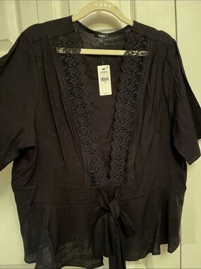 Express Black Crochet-Trim Tie-Front Blouse